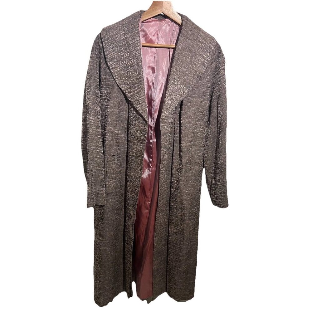 Vintage 1970s Metallic Knit Long Duster Jacket Satin Lined Open Front USA